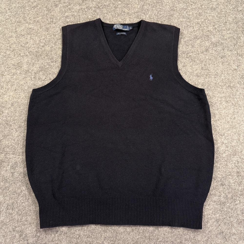 Polo Ralph Lauren Sweater Vest Mens‎ Large Navy 100% Lambswool V Neck Knit Logo